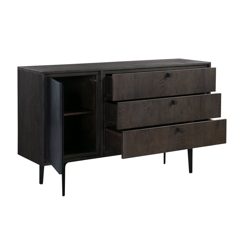 38" Charcoal Carved Geometric Solid Wood Three Drawer Combo Dresser