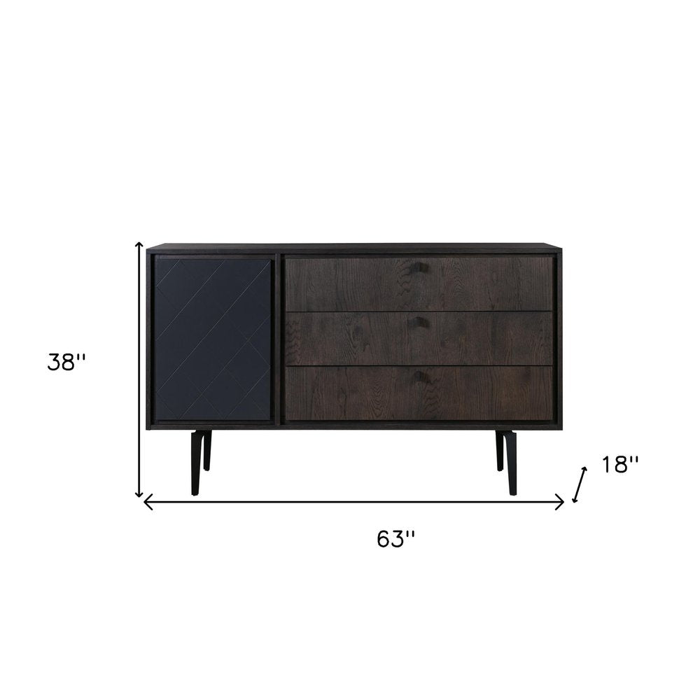 38" Charcoal Carved Geometric Solid Wood Three Drawer Combo Dresser