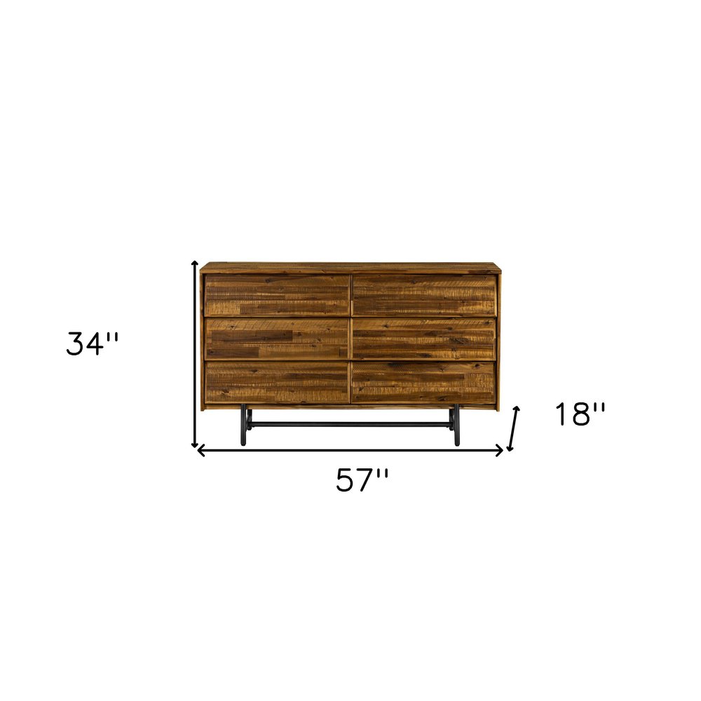 57" Brown And Black Solid Wood Six Drawer Double Dresser