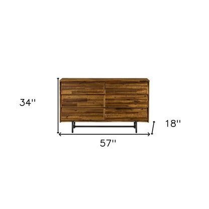 57" Brown And Black Solid Wood Six Drawer Double Dresser