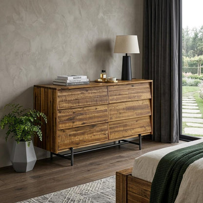 57" Brown and Black Solid Wood Six Drawer Double Dresser