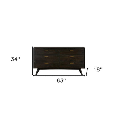63" Dark Brown Solid Wood Six Drawer Dresser