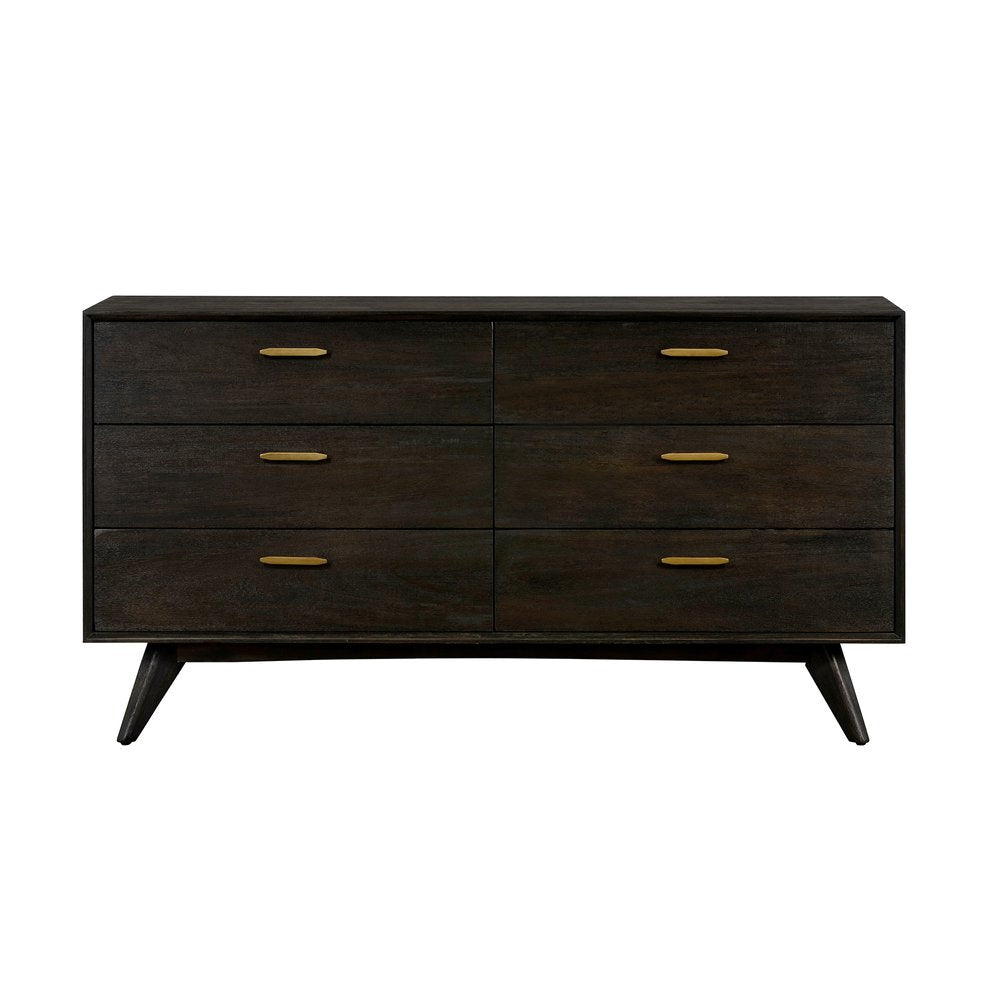 63" Dark Brown Solid Wood Six Drawer Dresser