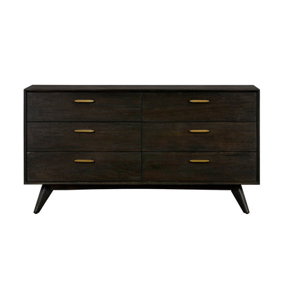 63" Dark Brown Solid Wood Six Drawer Dresser