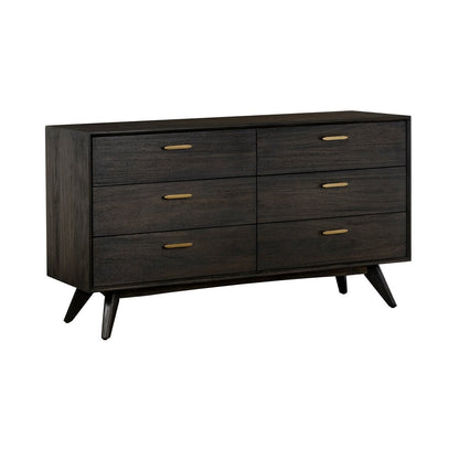 63" Dark Brown Solid Wood Six Drawer Dresser