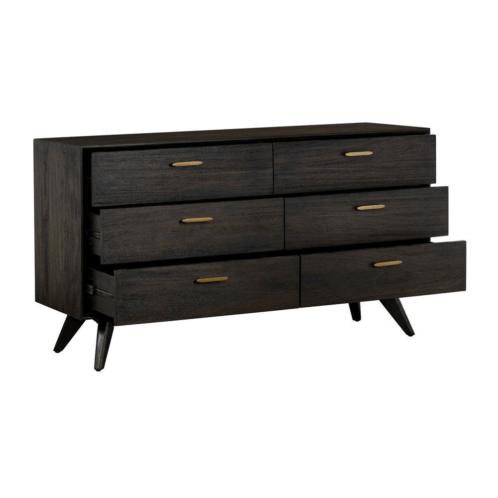 63" Dark Brown Solid Wood Six Drawer Dresser