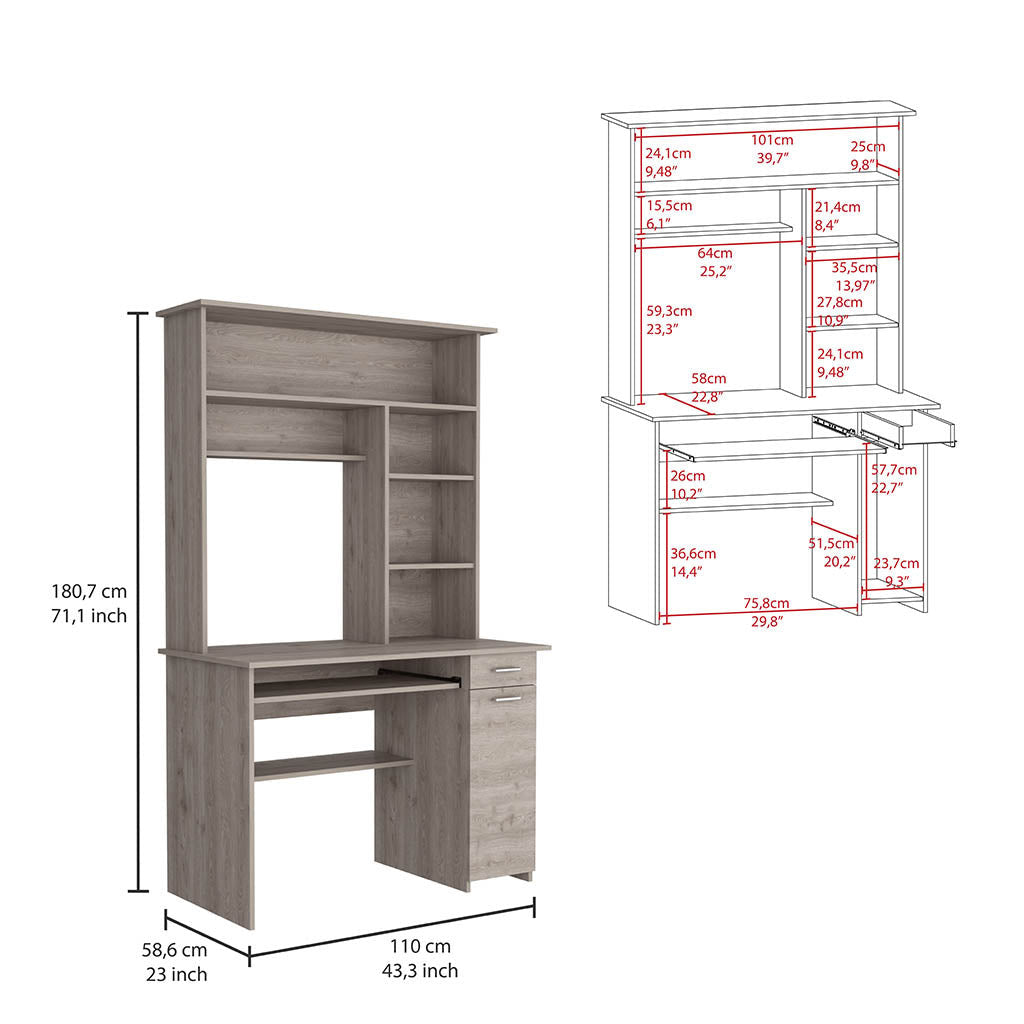 43" Light Gray Computer Desk With Hutch and Bookshelf Set