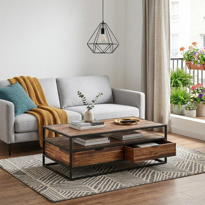 50" Brown And Black Solid Wood And Metal Coffee Table With Two Drawers And Shelf
