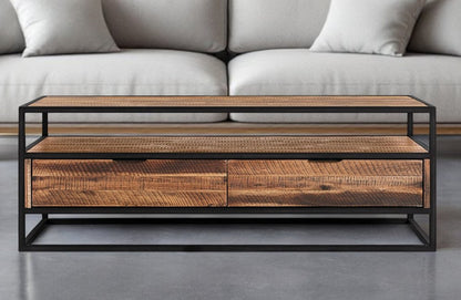 50" Brown And Black Solid Wood And Metal Coffee Table With Two Drawers And Shelf