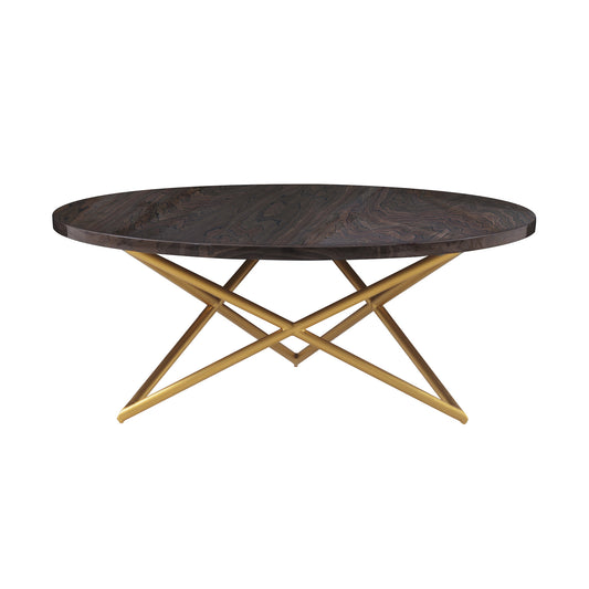 43" Brown And Gold Genuine Marble And Metal Round Coffee Table