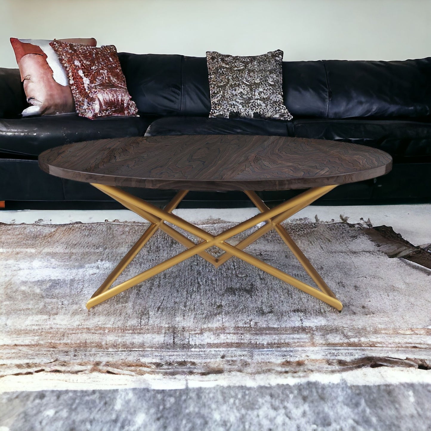 43" Brown And Gold Genuine Marble And Metal Round Coffee Table