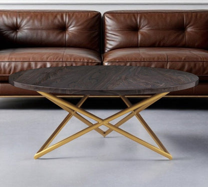 43" Brown And Gold Genuine Marble And Metal Round Coffee Table