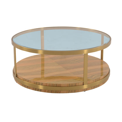 43" Clear And Natural Glass And Metal Round Coffee Table With Shelf