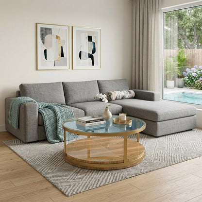 43" Clear Gold And Brown Glass Wood and Metal Round Coffee Table With Shelf