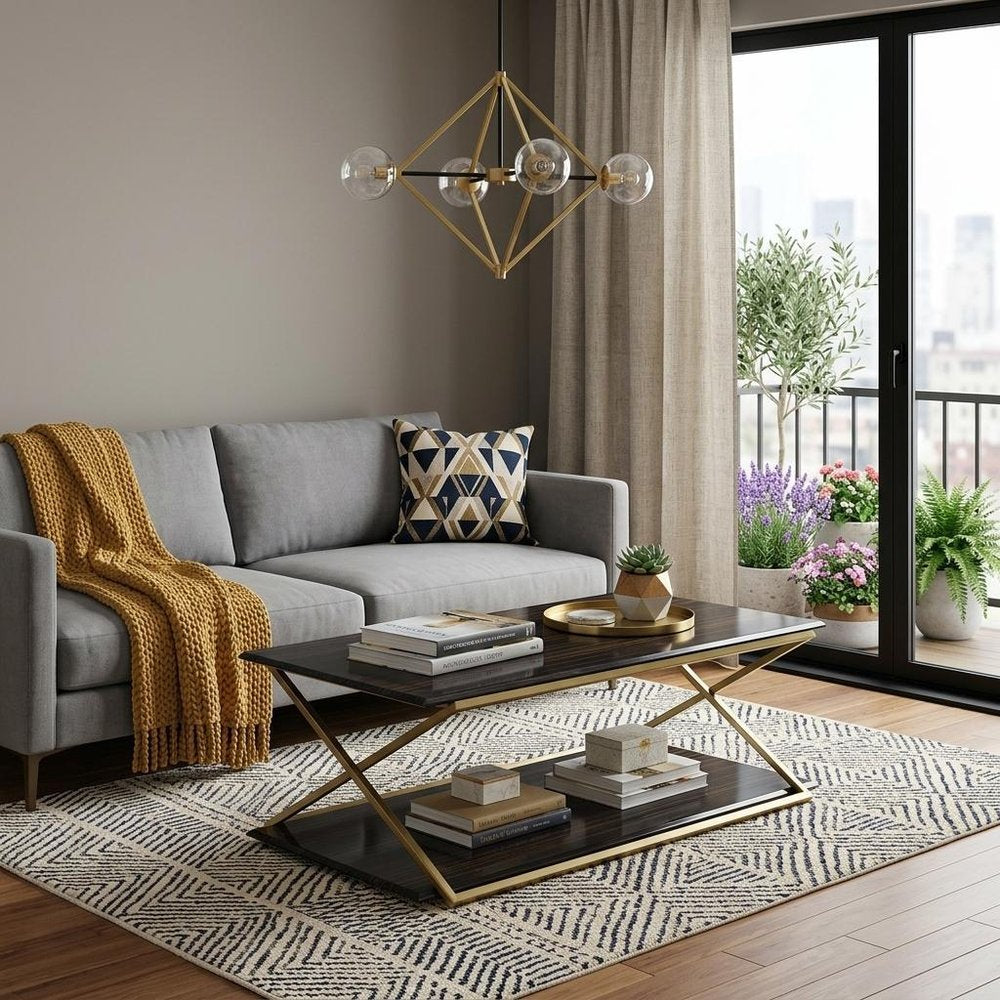 51" Dark Brown And Gold Metal Coffee Table With Shelf