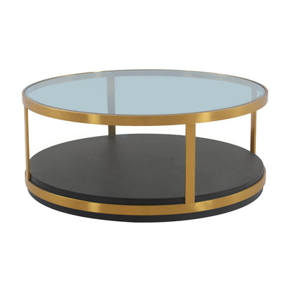 43" Clear Black And Gold Glass Wood And Metal Round Coffee Table With Shelf