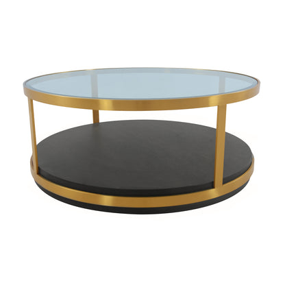 43" Clear And Black Solid Wood Round Coffee Table With Shelf