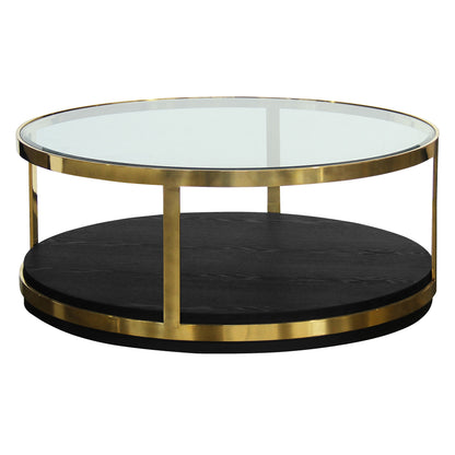 44" Black And Gold Glass And Metal Round Coffee Table With Shelf