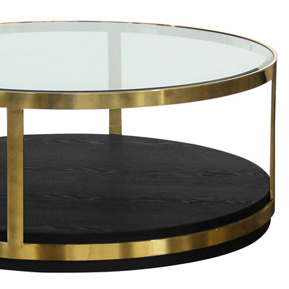 44" Black And Gold Glass And Metal Round Coffee Table With Shelf