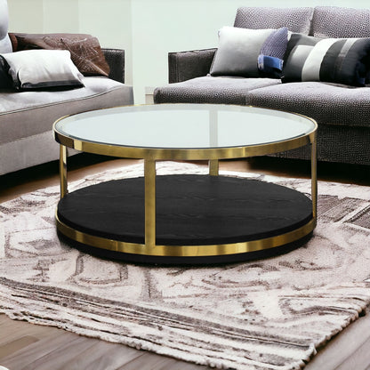 44" Black And Gold Glass And Metal Round Coffee Table With Shelf