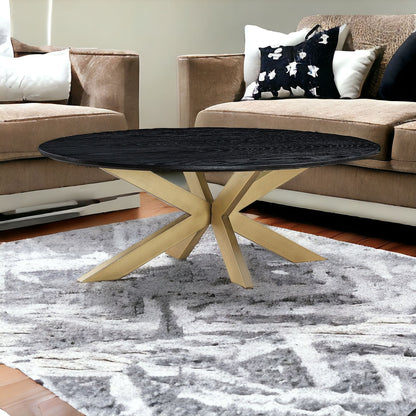 24" Black And Brass Solid Wood And Metal Oval Coffee Table