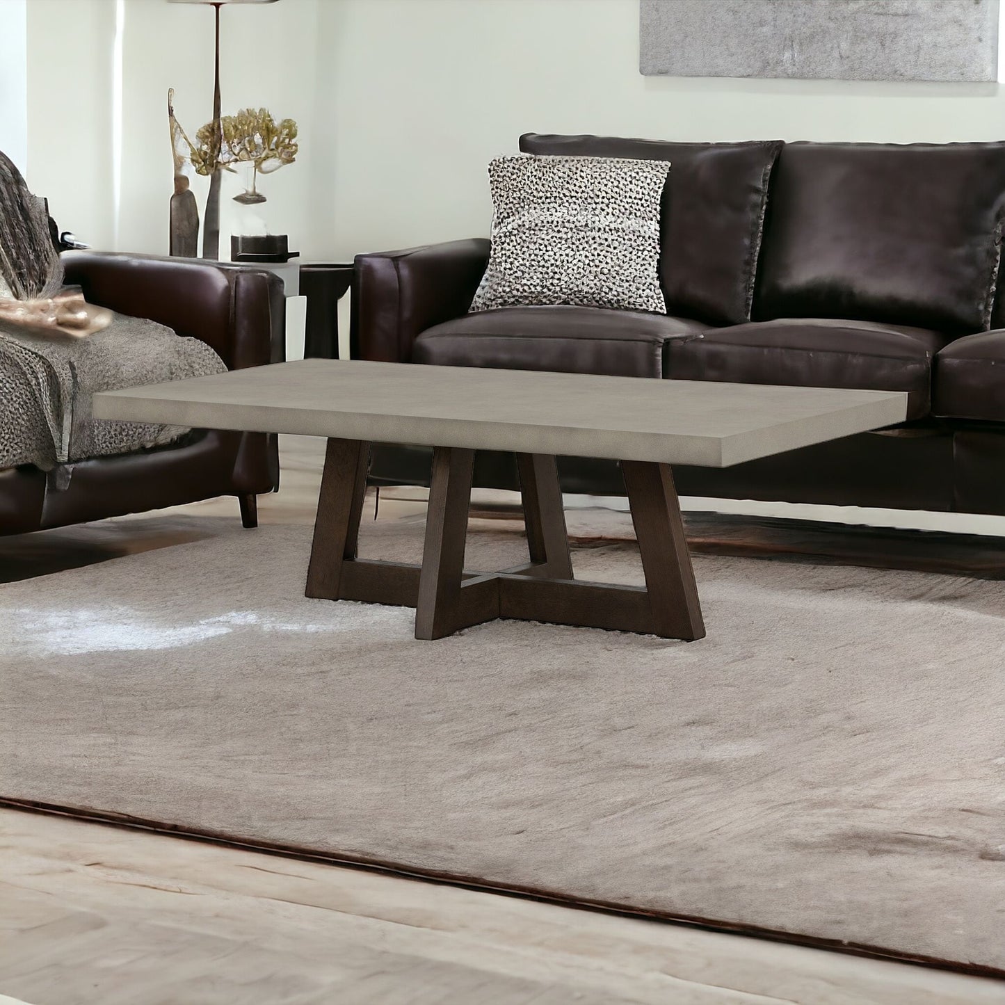 55" Gray And Brown Concrete And Solid Wood Coffee Table