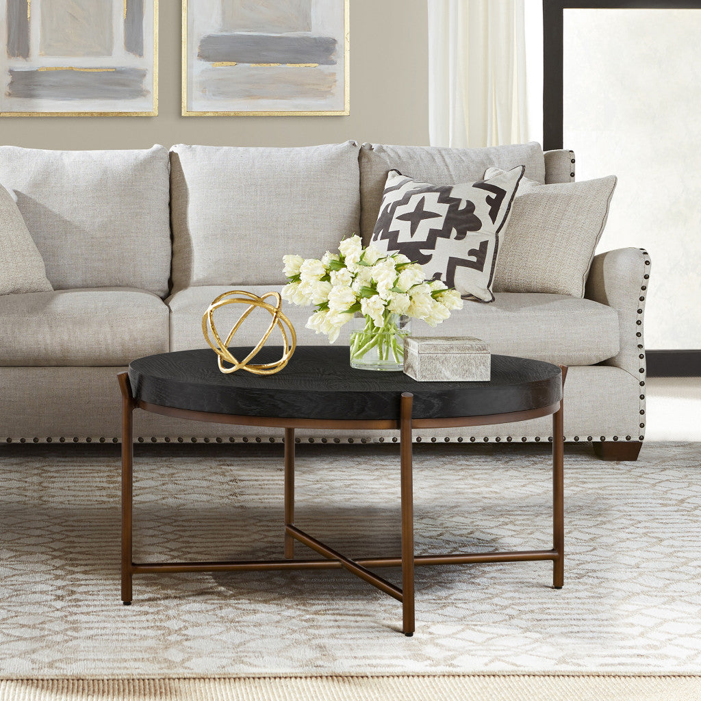 32" Black And Brown Solid Wood And Metal Round Coffee Table