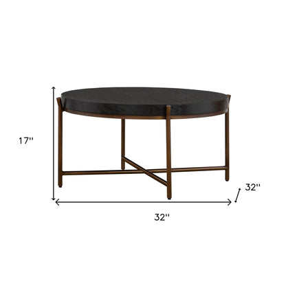 32" Black And Brown Solid Wood And Metal Round Coffee Table