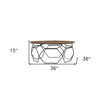 36" Brown And Black Solid Wood And Metal Round Coffee Table