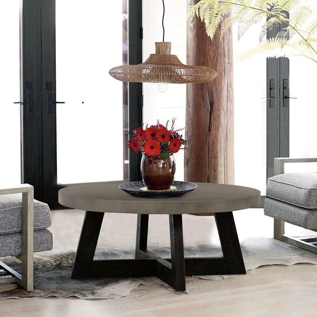 36" Gray And Black Concrete And Solid Wood Round Coffee Table