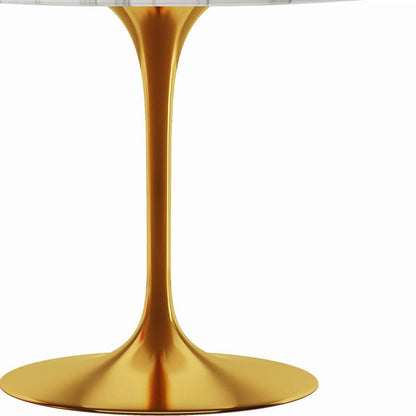 40" White And Gold Rounded Marble And Metal Pedestal Base Dining Table