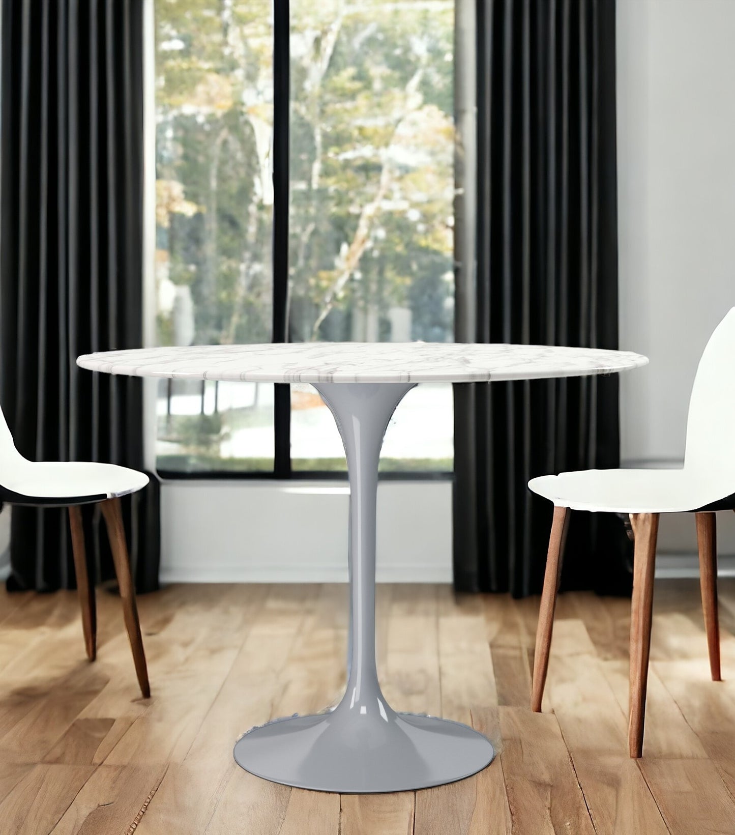 40" White And Gray Rounded Marble And Metal Pedestal Base Dining Table