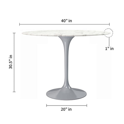 40" White And Gray Rounded Marble And Metal Pedestal Base Dining Table