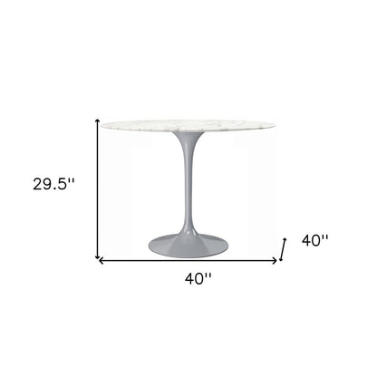 40" White And Gray Rounded Marble And Metal Pedestal Base Dining Table