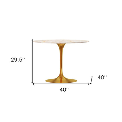 40" White And Gold Rounded Stone And Metal Pedestal Base Dining Table