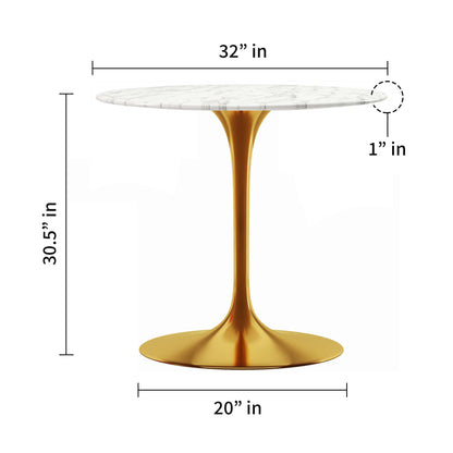 32" White And Gold Marble And Metal Dining Table