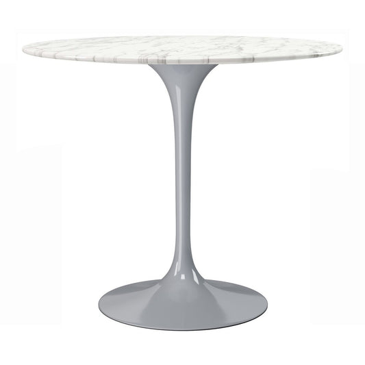 32" White And Gray Rounded Stone And Metal Pedestal Base Dining Table
