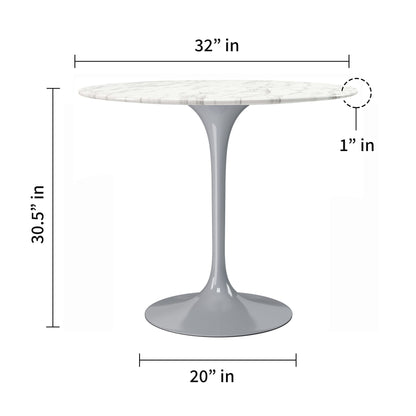 32" White And Gray Rounded Stone And Metal Pedestal Base Dining Table