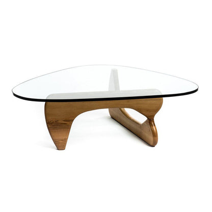 50" Clear And Brown Glass And Solid Wood Triangle Coffee Table