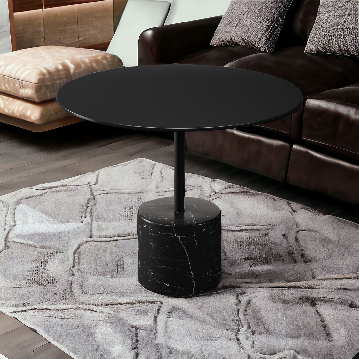 17" Black Steel And Stone Round Coffee Table