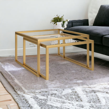 Set of Two 30" Gold Glass And Steel Square Nested Coffee Tables