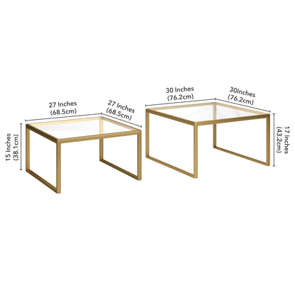 Set of Two 30" Gold Glass And Steel Square Nested Coffee Tables