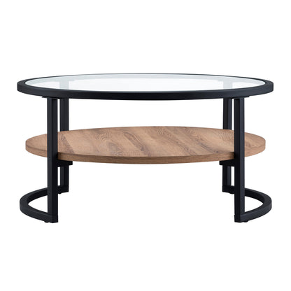 34" Brown And Black Glass And Steel Round Coffee Table With Shelf