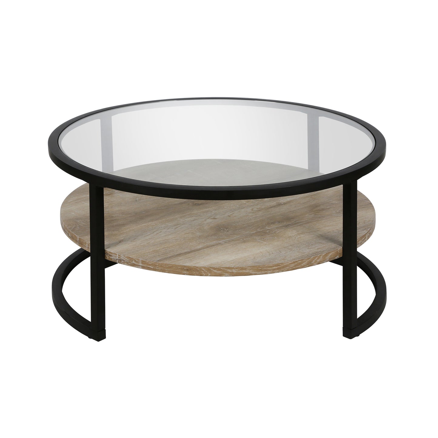 34" Black Glass And Steel Round Coffee Table With Shelf