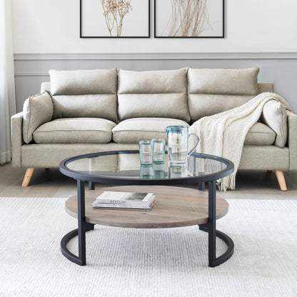 34" Black Glass And Steel Round Coffee Table With Shelf