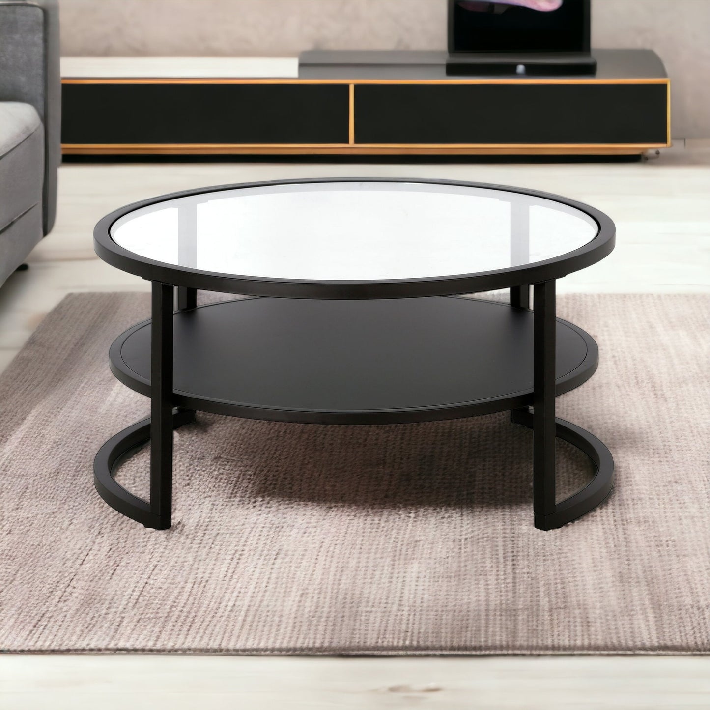 34" Black Glass And Steel Round Coffee Table With Shelf