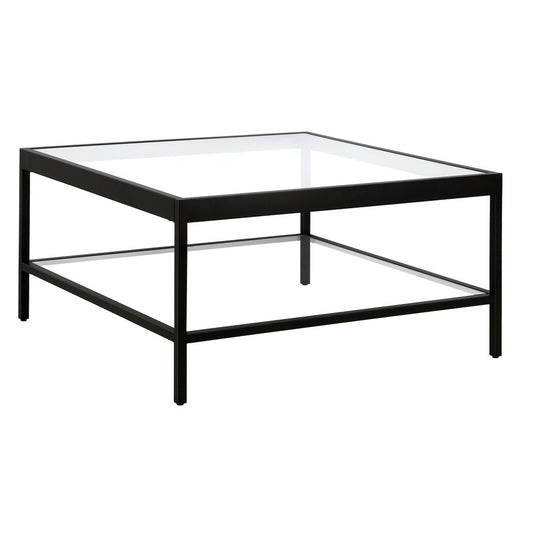 32" Clear And Black Glass And Steel Square Coffee Table With Shelf
