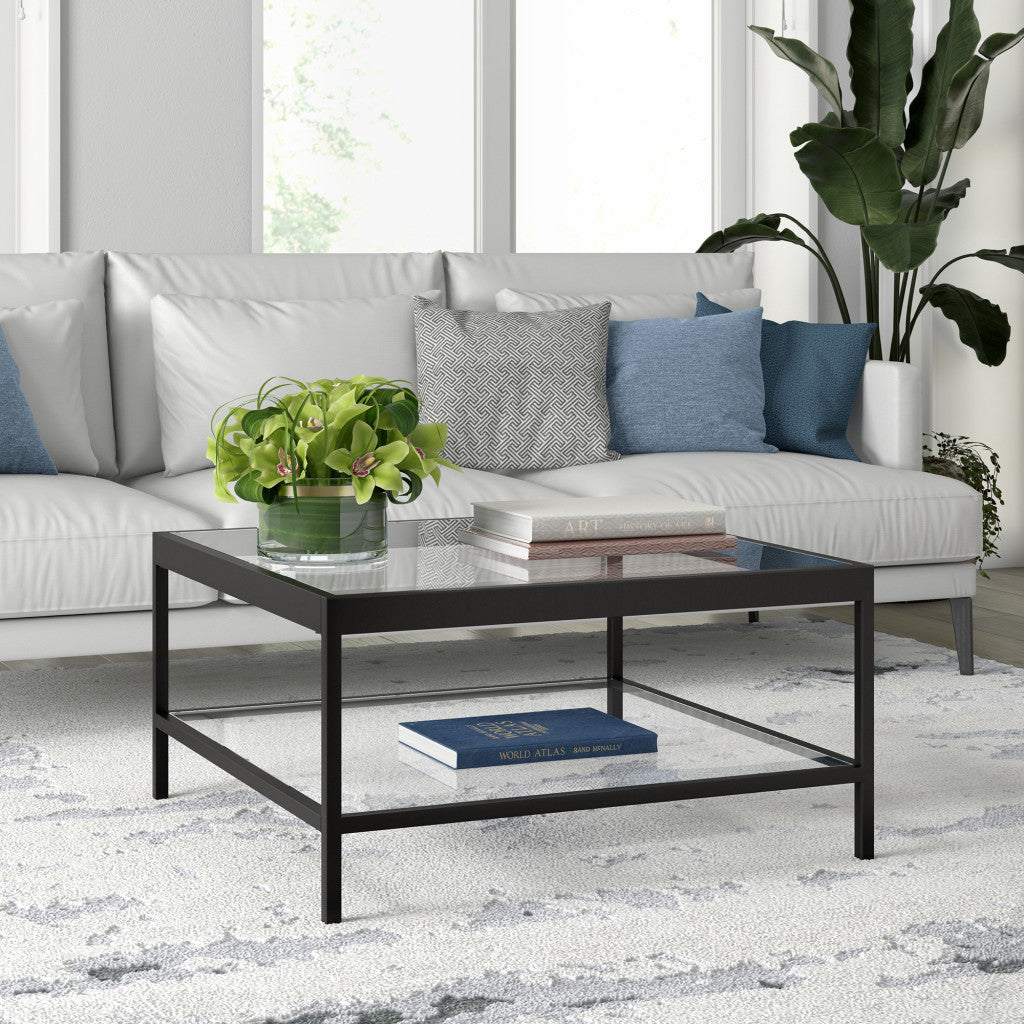 32" Clear And Black Glass And Steel Square Coffee Table With Shelf