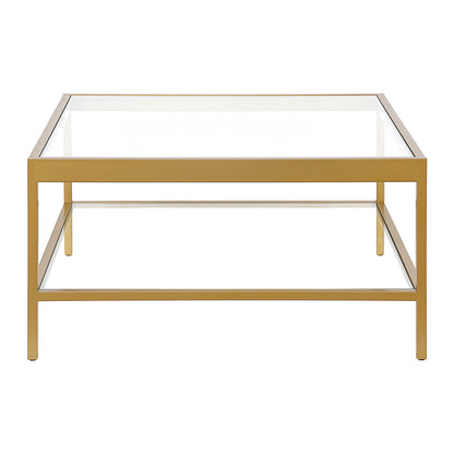 32" Clear And Gold Glass And Steel Square Coffee Table With Shelf