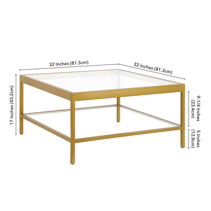 32" Clear And Gold Glass And Steel Square Coffee Table With Shelf